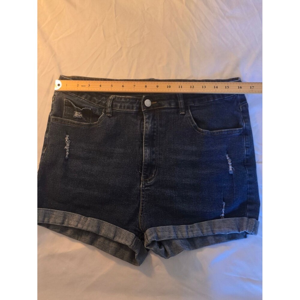 SHEIN Dark Blue Distressed Rolled-Hem Denim Shorts
